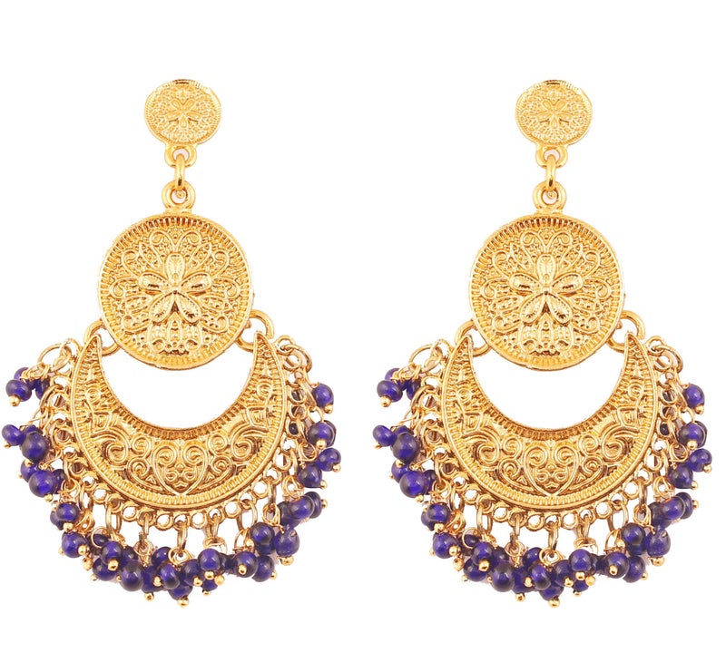 Touchstone Indian earrings for women gold jewelry folklorico chandelier dangle chandbali gypsy statement traditional wedding bridal trendy bollywood accessories with blue beads in antique gold tone - Image 1